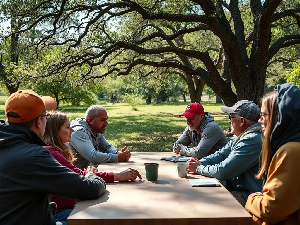 A diverse group of community members and association members gathered at an educational workshop on sustainable hunting practices, highlighting community engagement and education.