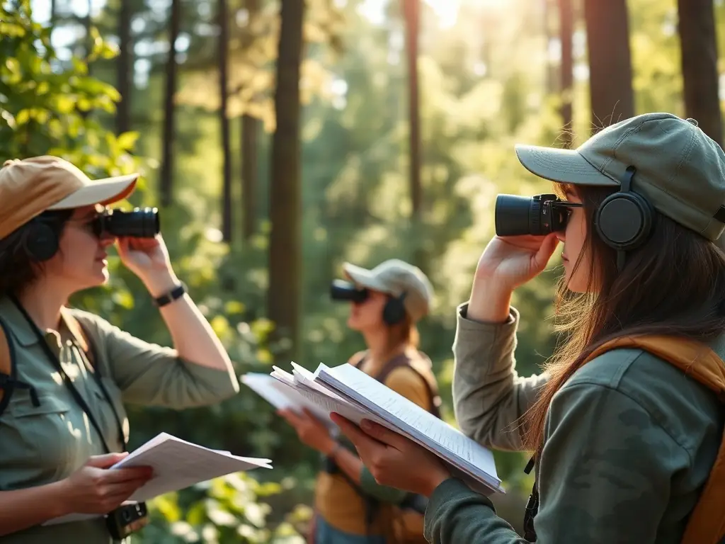 A photograph of association members conducting a wildlife census in a local forest, emphasizing the importance of data collection for conservation efforts.