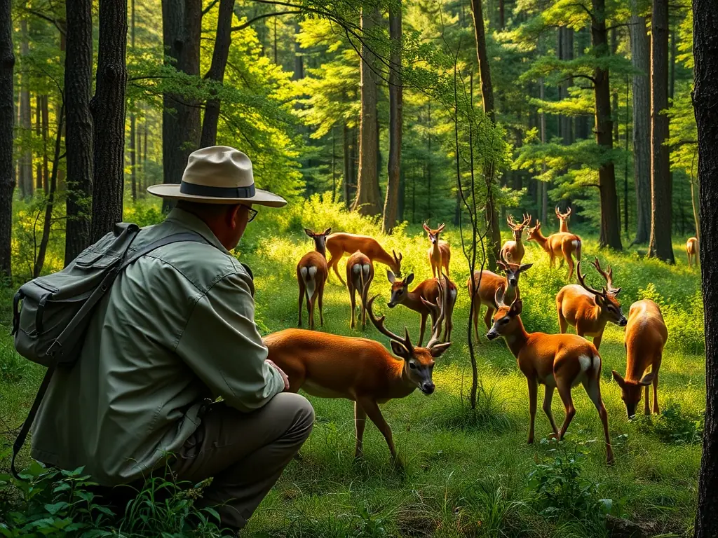A photograph of a wildlife biologist monitoring a deer population in its natural habitat, showcasing the scientific approach to wildlife management.