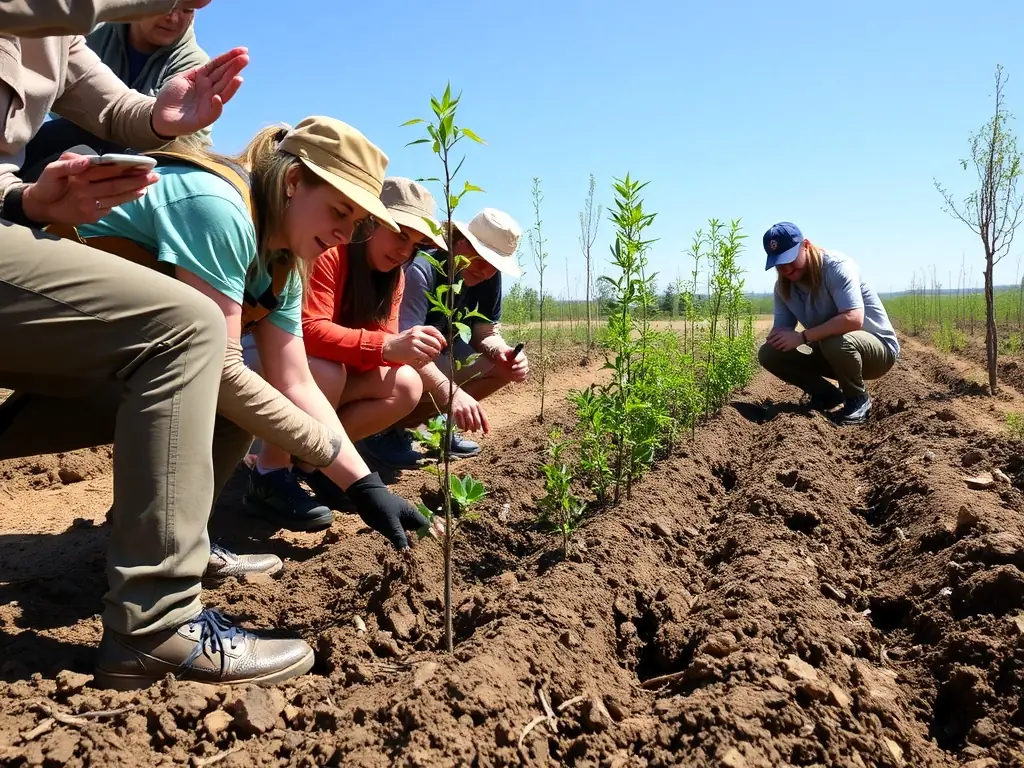 A group of volunteers planting trees in a deforested area, symbolizing habitat restoration efforts by ASSOCIATION COMMUNALE DE CHASSE AGREEE DU MONTEIL.