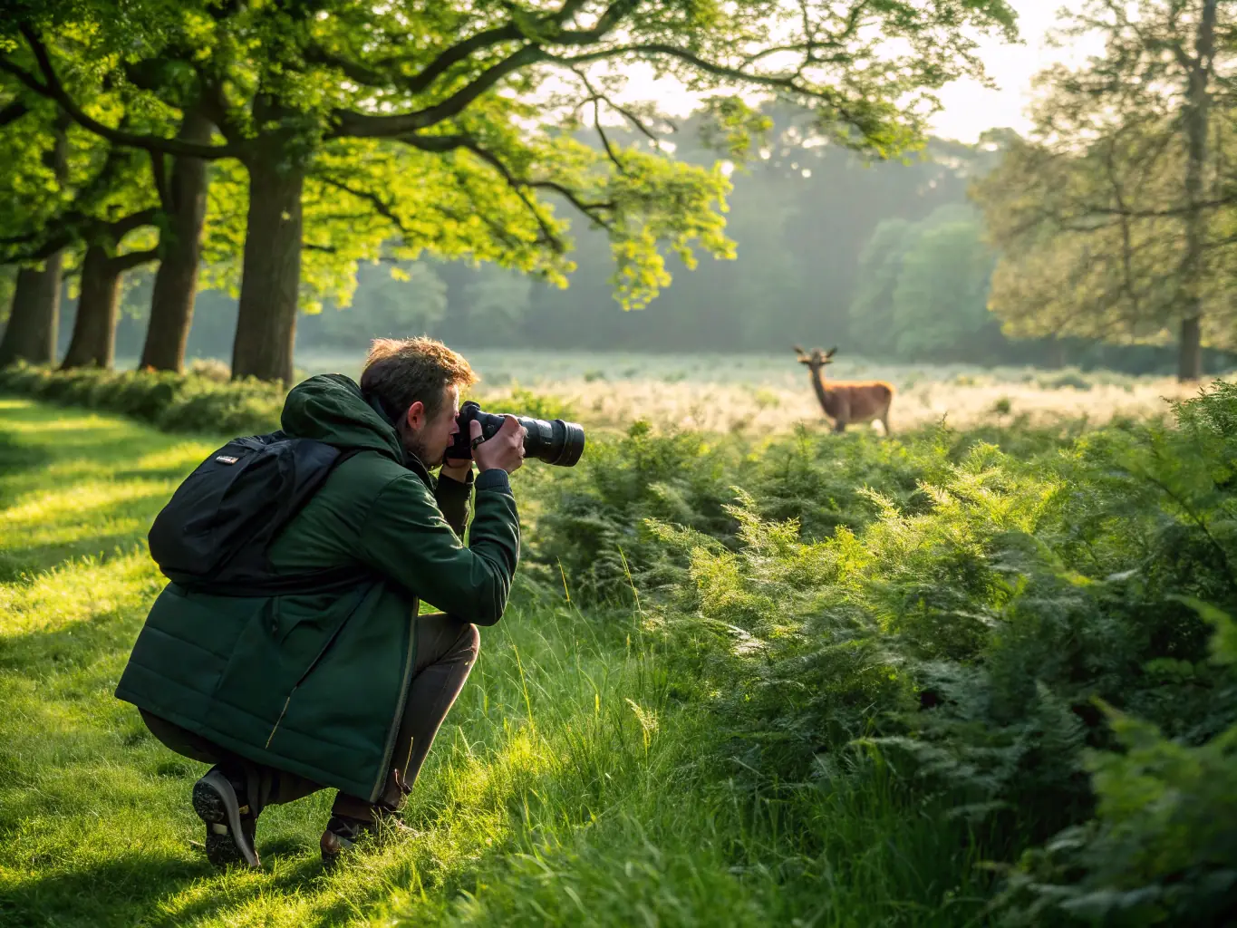 A wildlife biologist monitoring a deer population in its natural habitat, representing the species monitoring program of ASSOCIATION COMMUNALE DE CHASSE AGREEE DU MONTEIL.