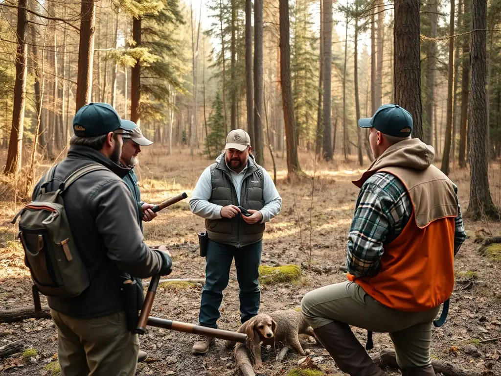 A group of hunters participating in a training session on responsible hunting practices, emphasizing ethical and sustainable approaches.