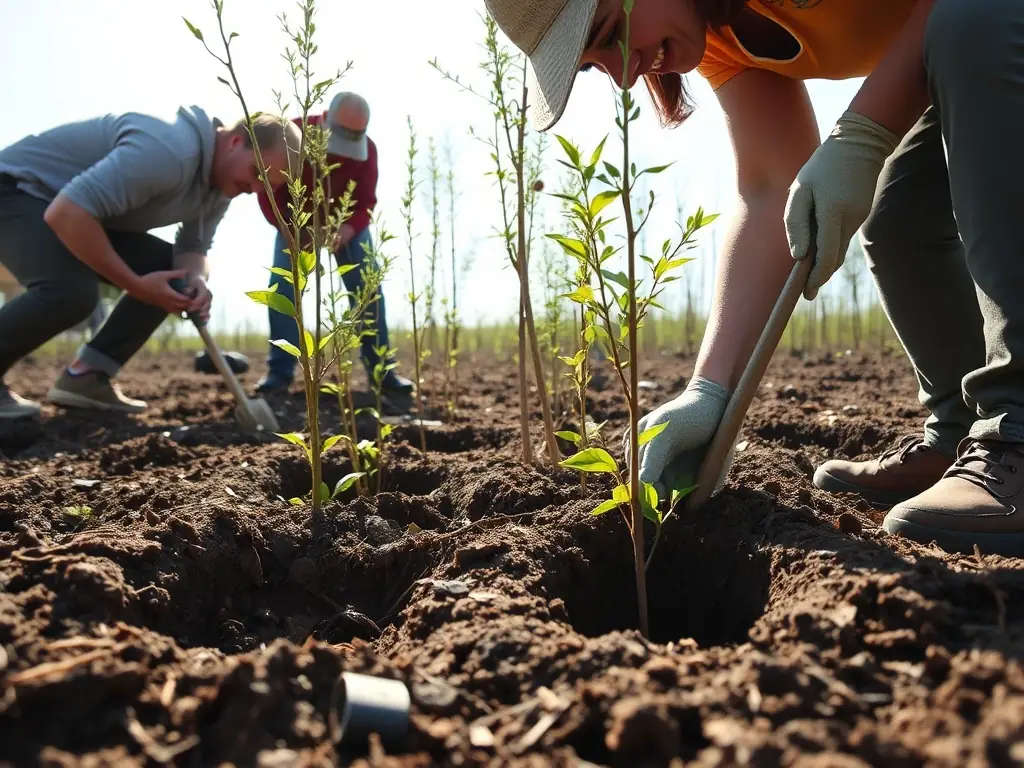 A group of volunteers planting native trees in a deforested area, symbolizing habitat restoration efforts by ASSOCIATION COMMUNALE DE CHASSE AGREEE DU MONTEIL.