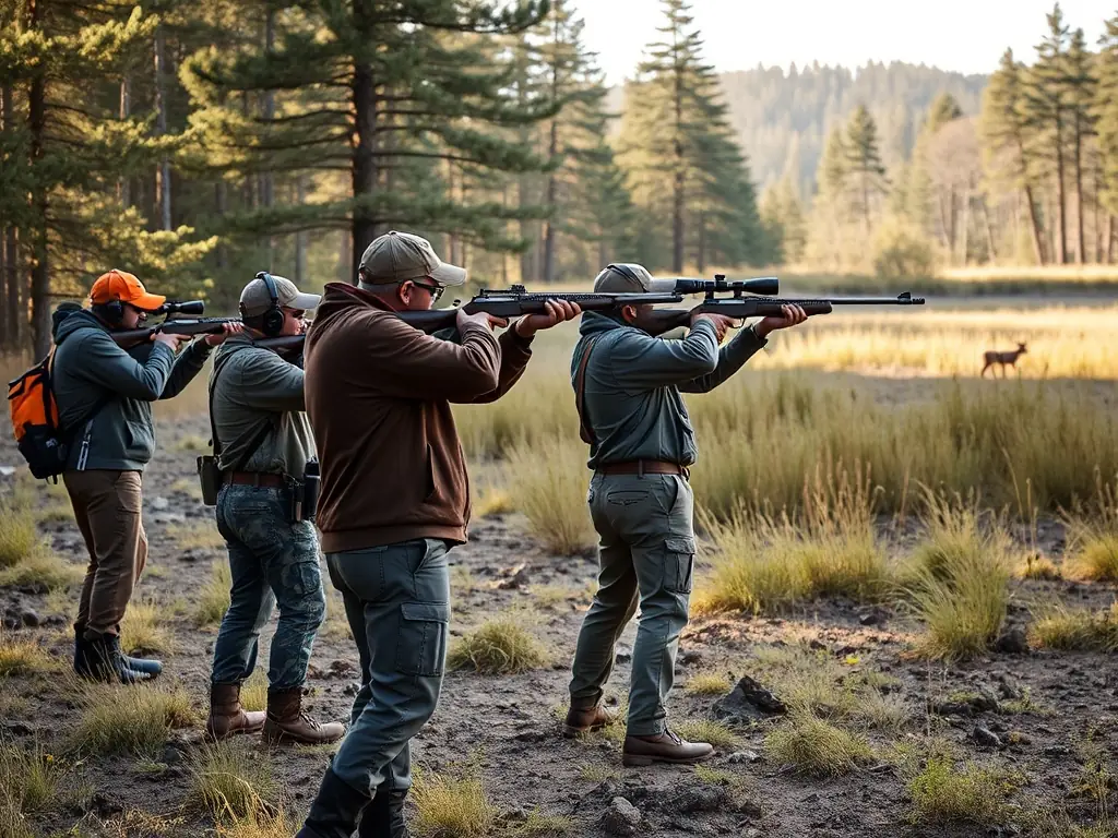 A scenic view of a controlled hunting session in the Monteil region, emphasizing responsible hunting practices and wildlife management.