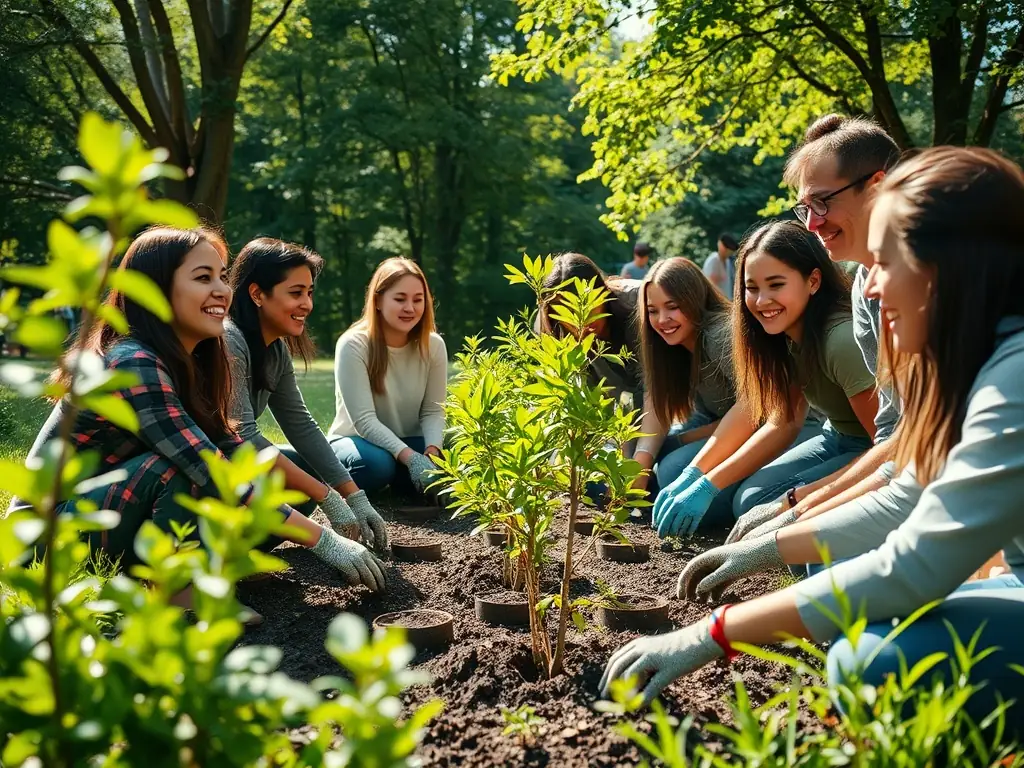 A group of volunteers planting native trees in a deforested area, symbolizing habitat restoration efforts by ASSOCIATION COMMUNALE DE CHASSE AGREEE DU MONTEIL.